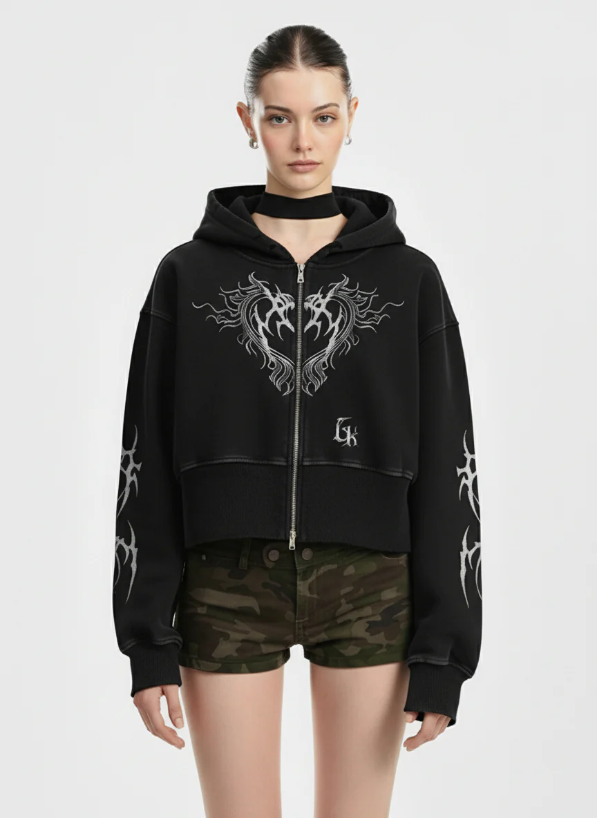 Dark Print Cardigan Cropped Hoodie