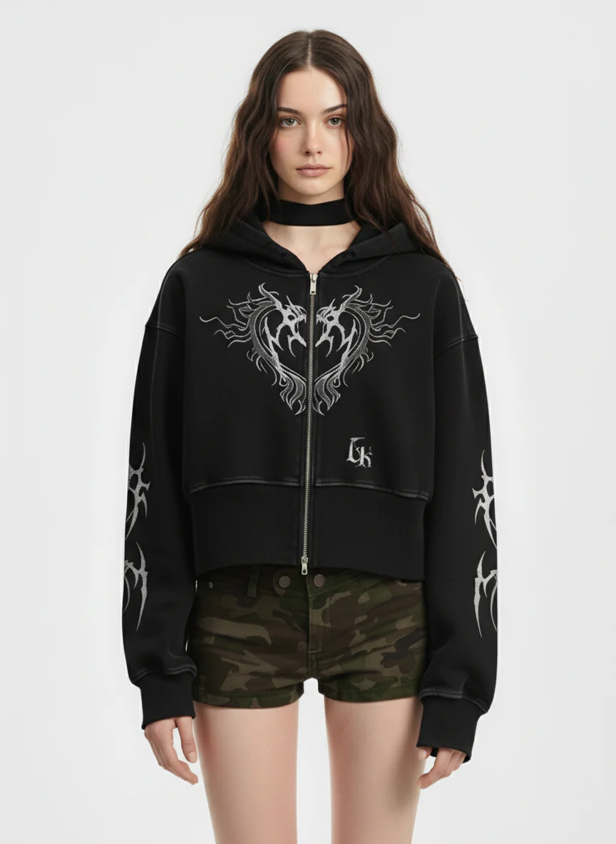 Dark Print Cardigan Cropped Hoodie - Image 3