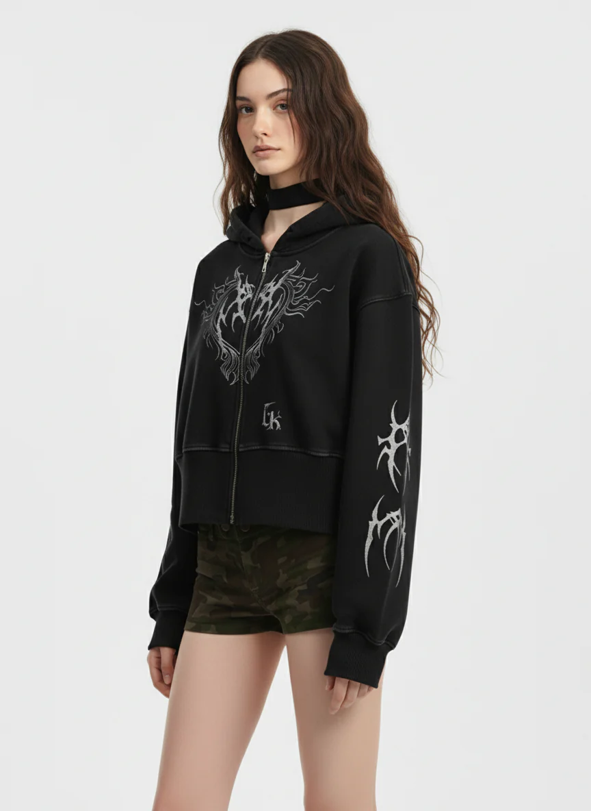 Dark Print Cardigan Cropped Hoodie - Image 4