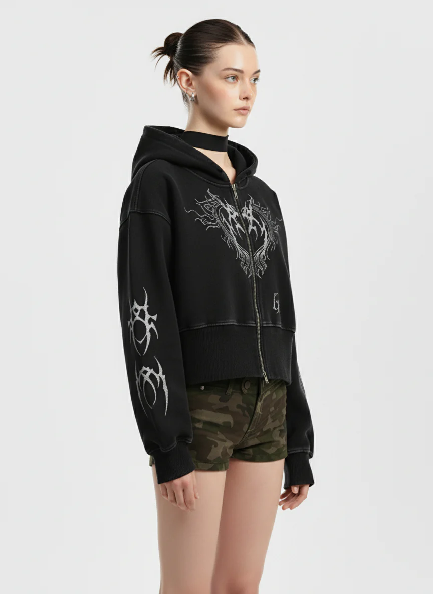 Dark Print Cardigan Cropped Hoodie - Image 5