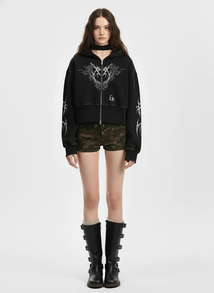 Dark Print Cardigan Cropped Hoodie - Image 6