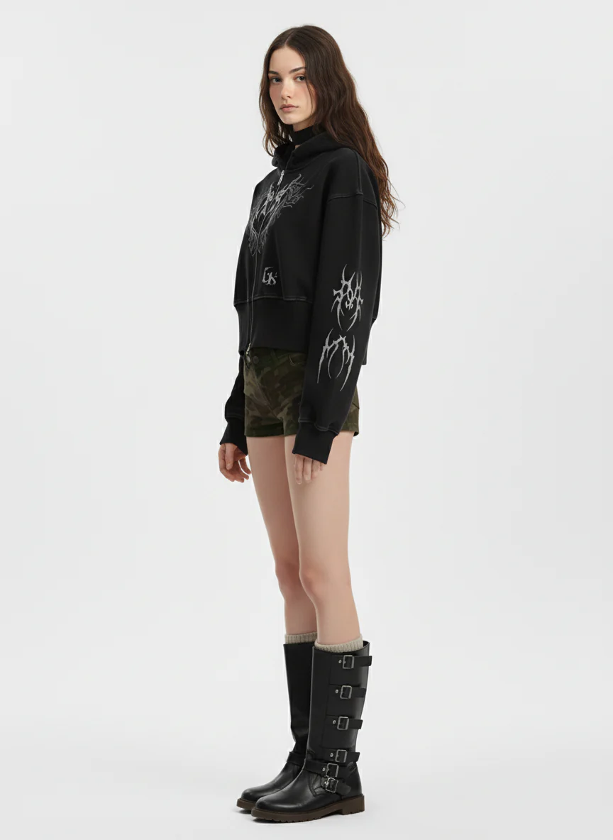 Dark Print Cardigan Cropped Hoodie - Image 7