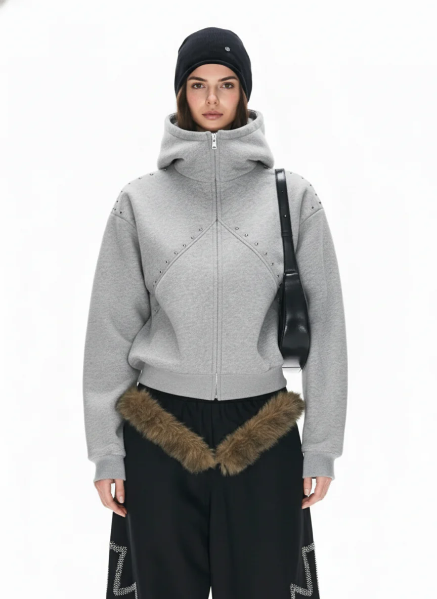 Dark Street Style Cat Ear Studded Zip-Up Hoodie