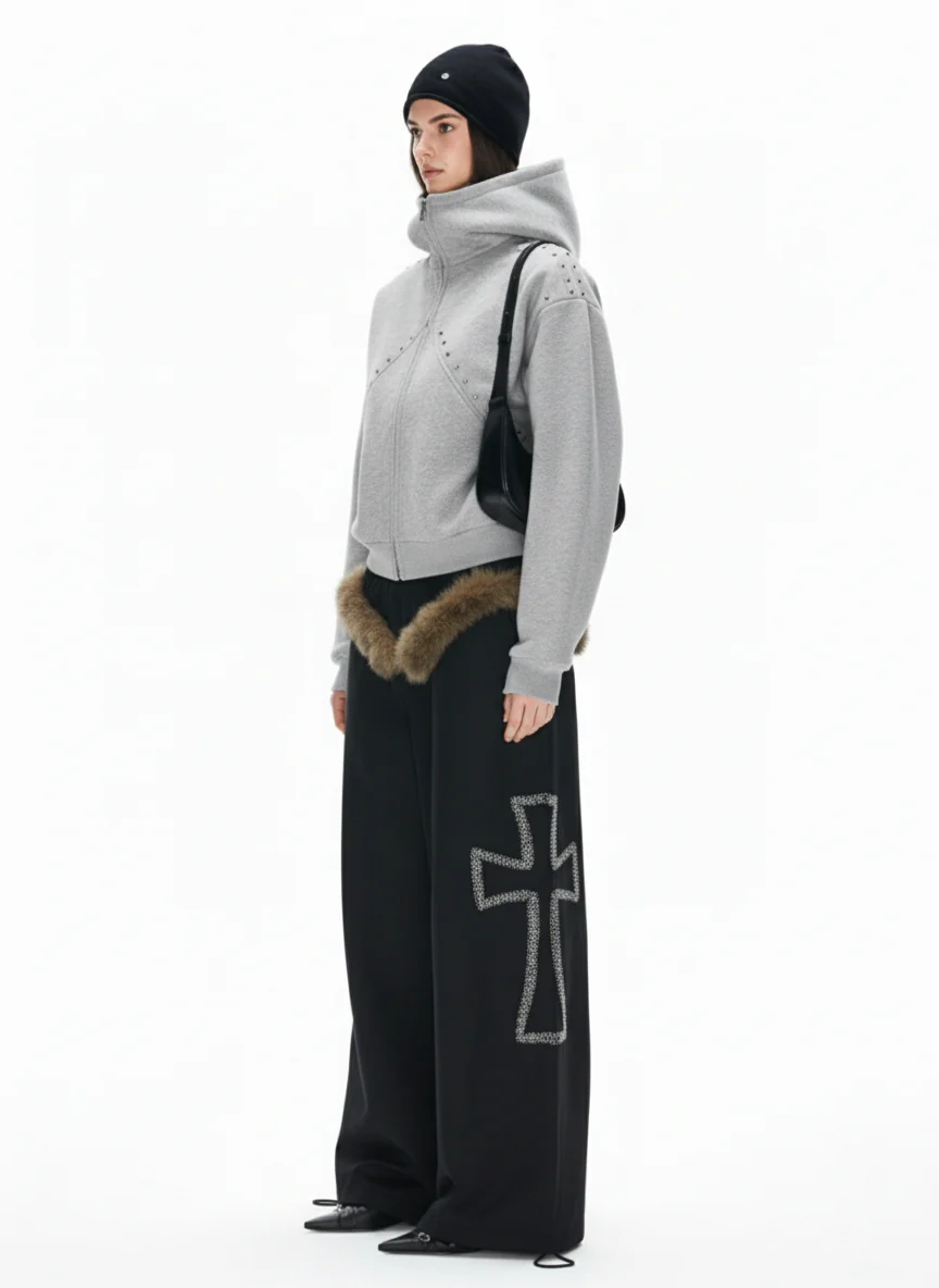 Dark Street Style Cat Ear Studded Zip-Up Hoodie - Image 5