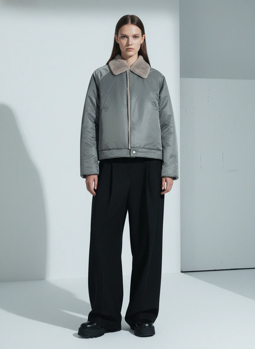 Deconstructed Patchwork Fur Collar Bomber Jacket - Image 3
