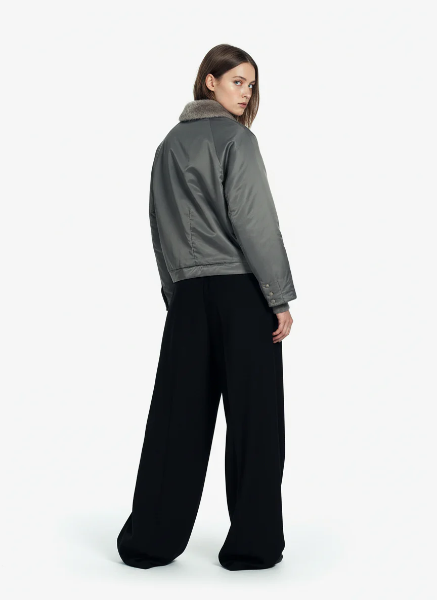 Deconstructed Patchwork Fur Collar Bomber Jacket - Image 4