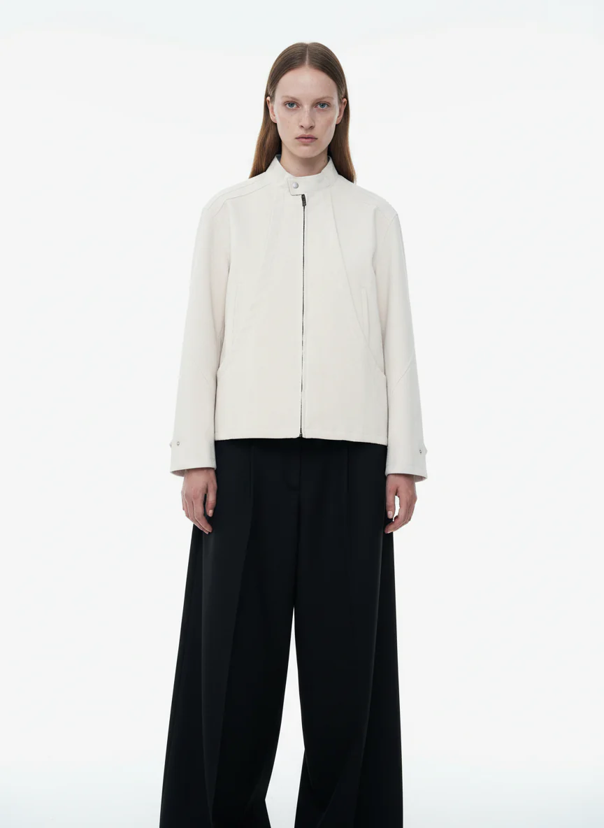 Deconstructed Split Stand Collar PU Leather Jacket