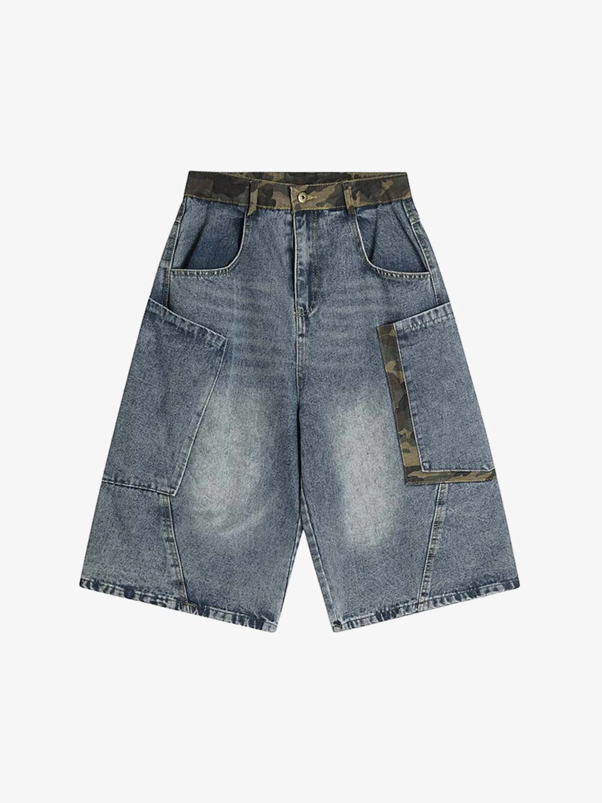 Denim Camouflage Patchwork Cargo Jorts