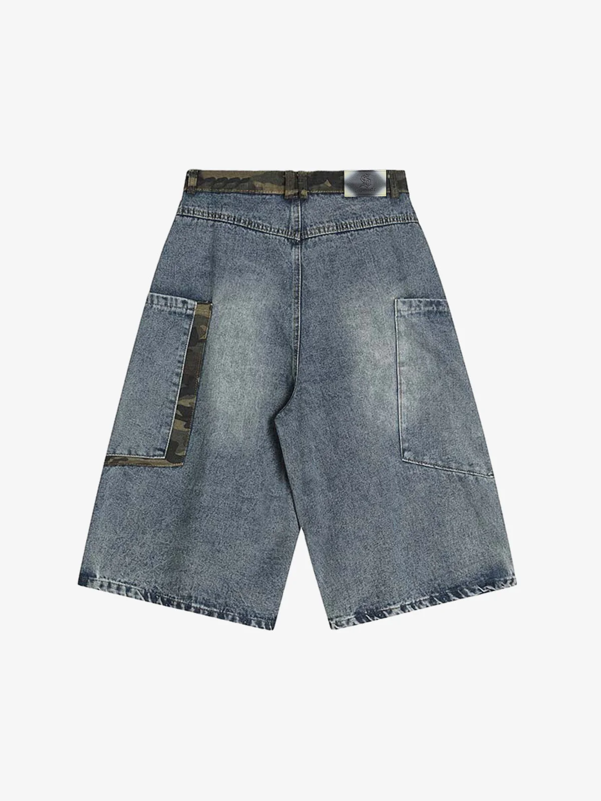 Denim Camouflage Patchwork Cargo Jorts - Image 2