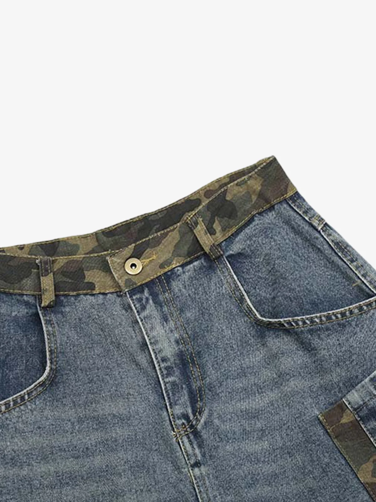 Denim Camouflage Patchwork Cargo Jorts - Image 3