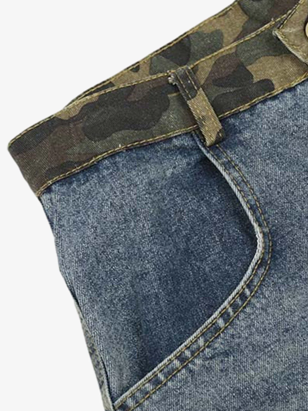 Denim Camouflage Patchwork Cargo Jorts - Image 4