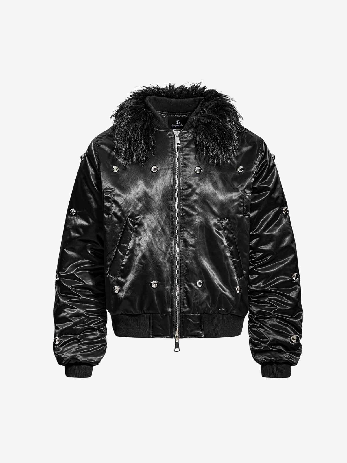 Detachable Faux Fur Collar Glossy Padded Bomber Jacket - Image 2