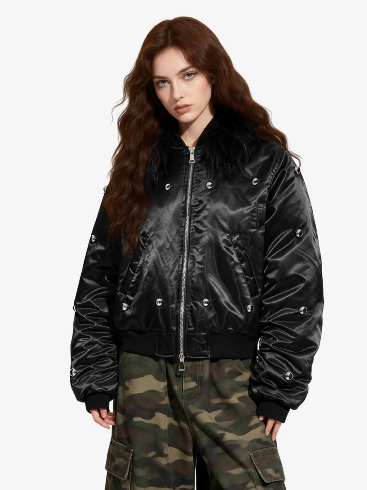 Detachable Faux Fur Collar Glossy Padded Bomber Jacket - Image 3