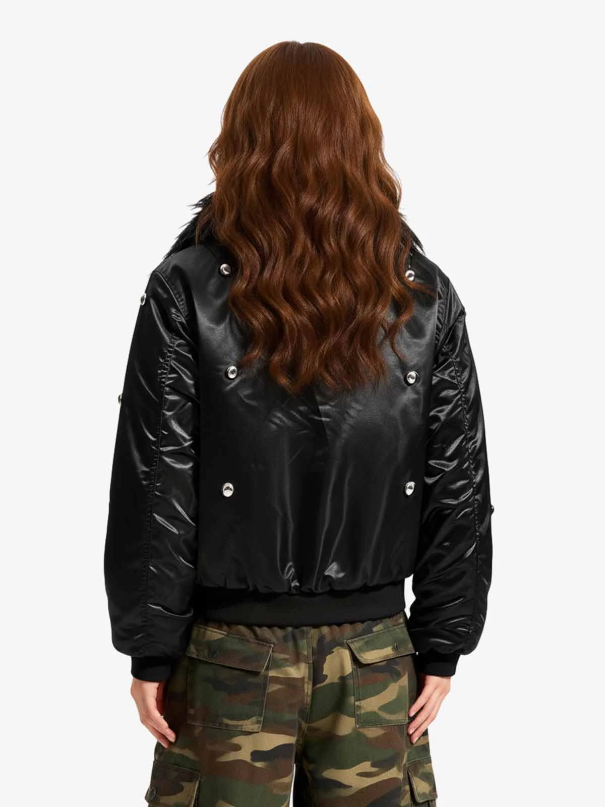 Detachable Faux Fur Collar Glossy Padded Bomber Jacket - Image 4