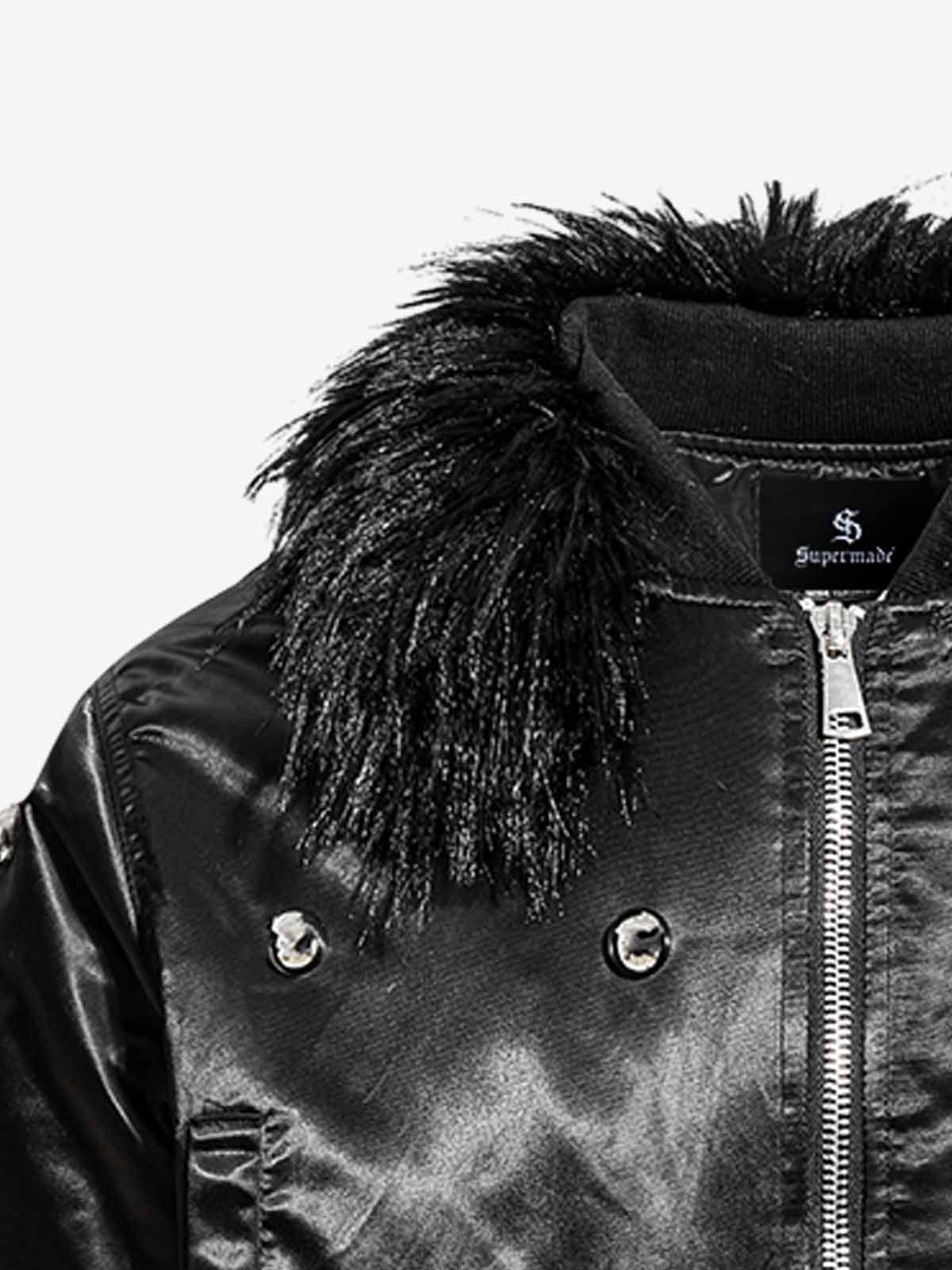 Detachable Faux Fur Collar Glossy Padded Bomber Jacket - Image 7