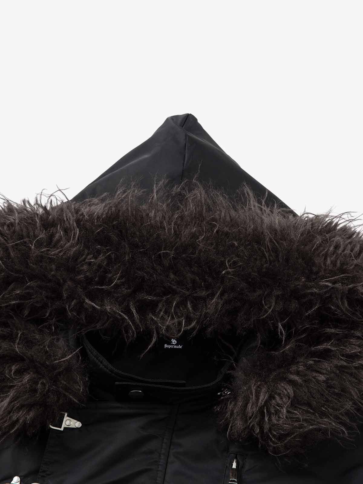 Detachable Faux Fur Collar Ruched Sleeve Bomber Jacket - Image 10