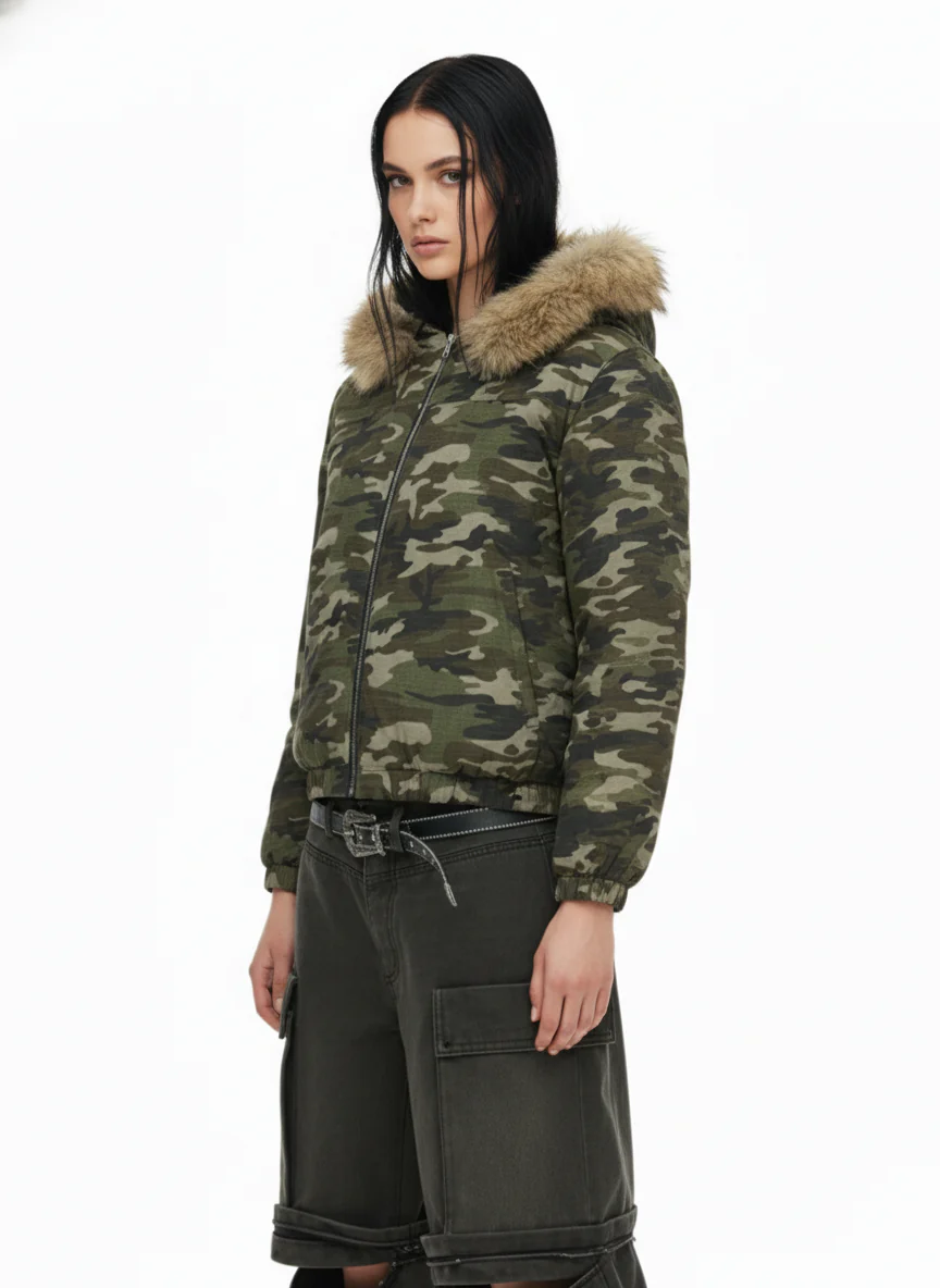 Detachable Fur Collar Forest Camo Padded Jacket - Image 3