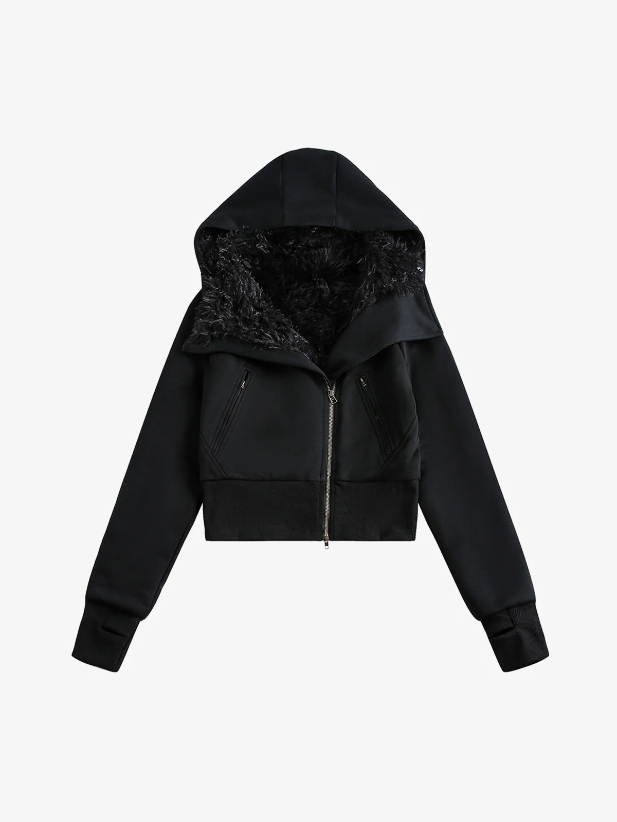 Detachable Fur Hooded Off-Shoulder Cropped Jacket - Image 9