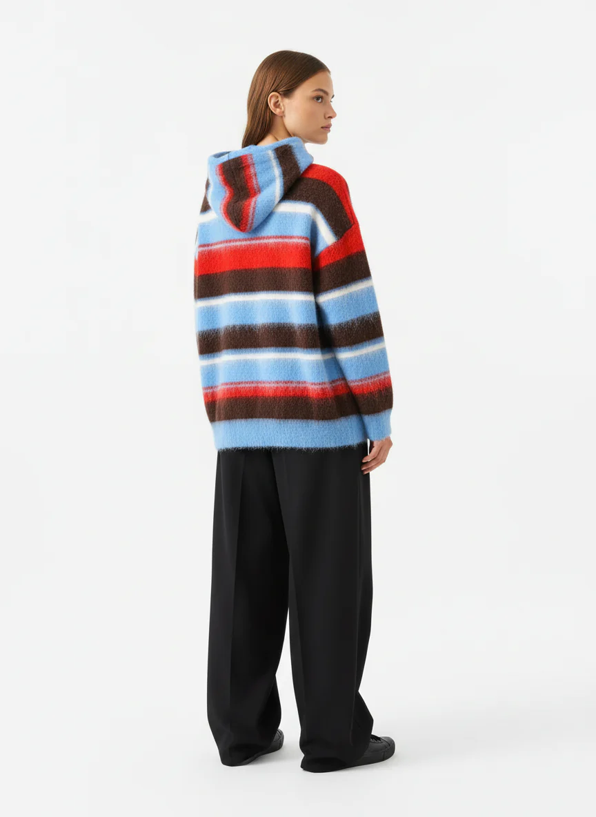 Detachable Hood Contrast Striped Mohair Pullover Sweater - Image 2