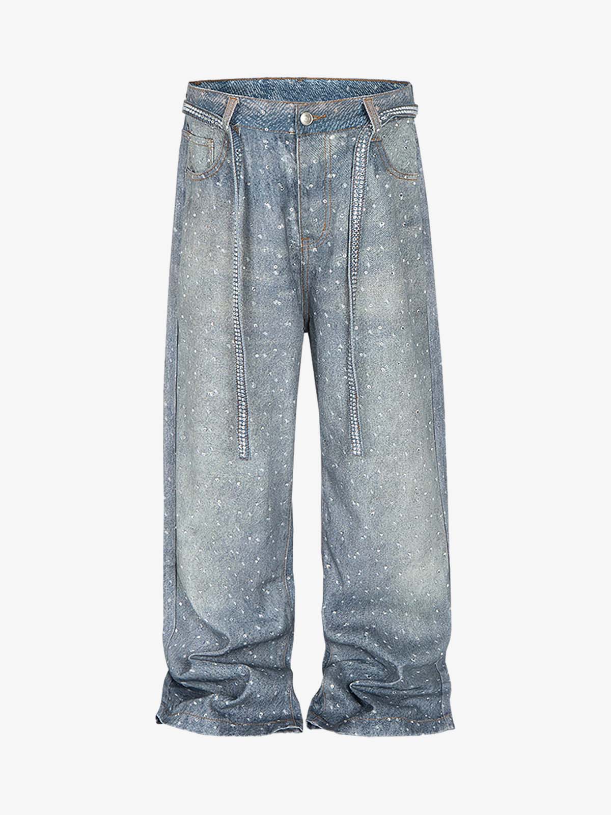 Denim Distressed Belt Diamond Decorated Jeans - Image 5