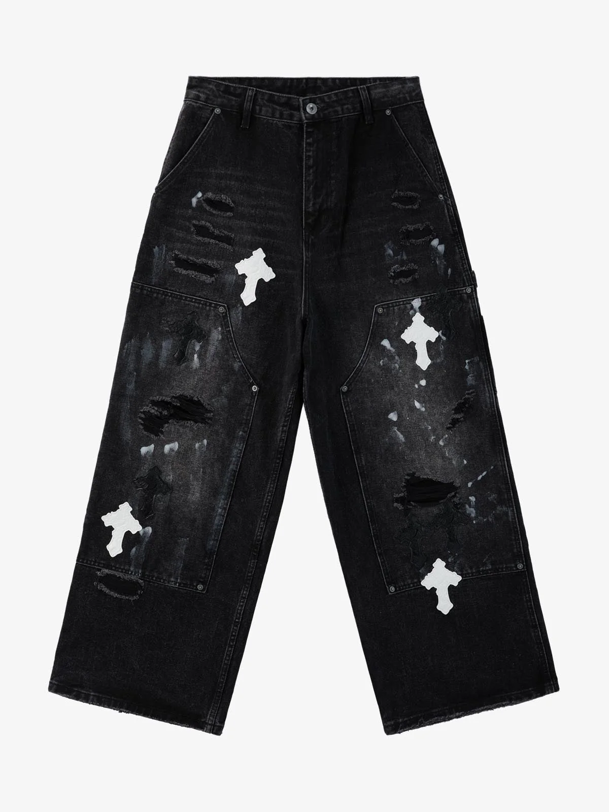 Distressed Cross Patchwork Baggy Denim Jeans - Image 2