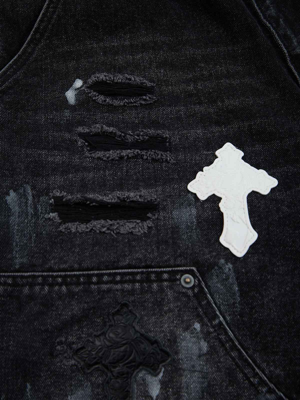 Distressed Cross Patchwork Baggy Denim Jeans - Image 6