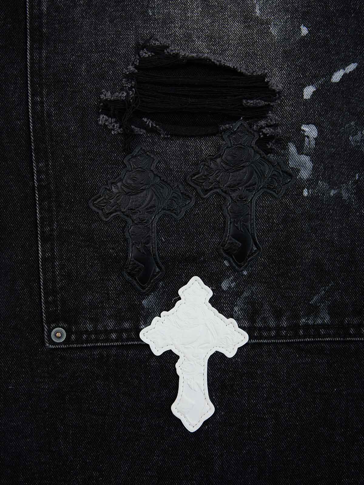 Distressed Cross Patchwork Baggy Denim Jeans - Image 9