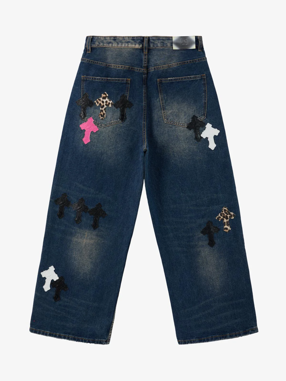 Distressed Cross Patchwork Washed Baggy Jeans - Image 2