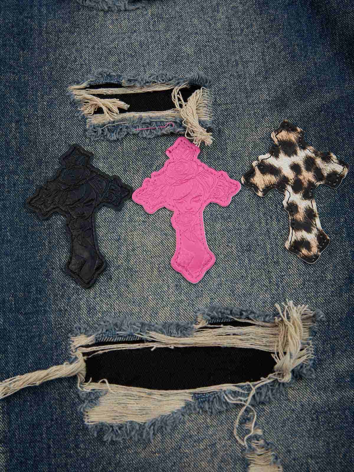 Distressed Cross Patchwork Washed Baggy Jeans - Image 3