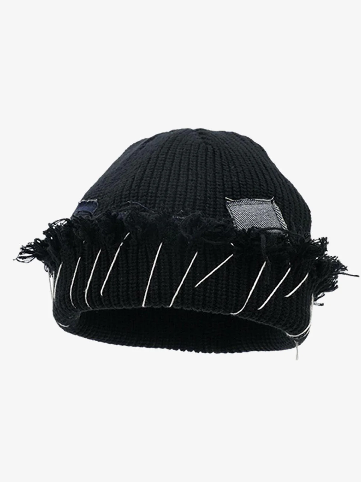 Distressed Denim Patchwork Beanie - Image 7