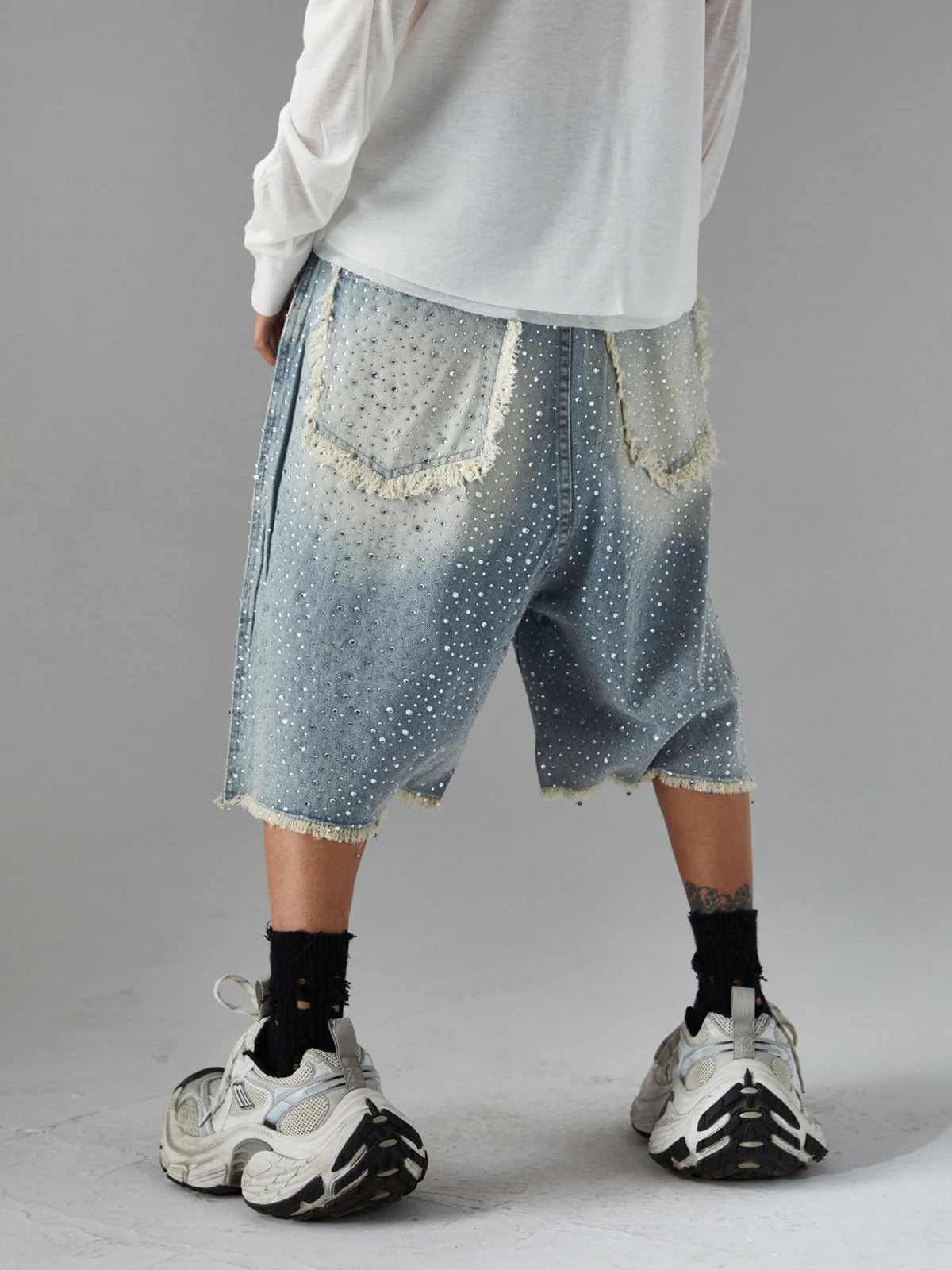 Distressed Rhinestone Denim Jorts - 2454 - Image 6