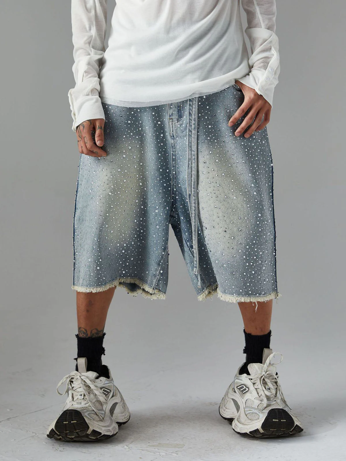Distressed Rhinestone Denim Jorts - 2454 - Image 7