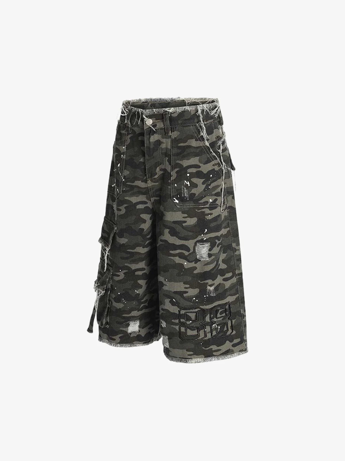 Distressed Frayed Camo Cargo Jorts - Image 3