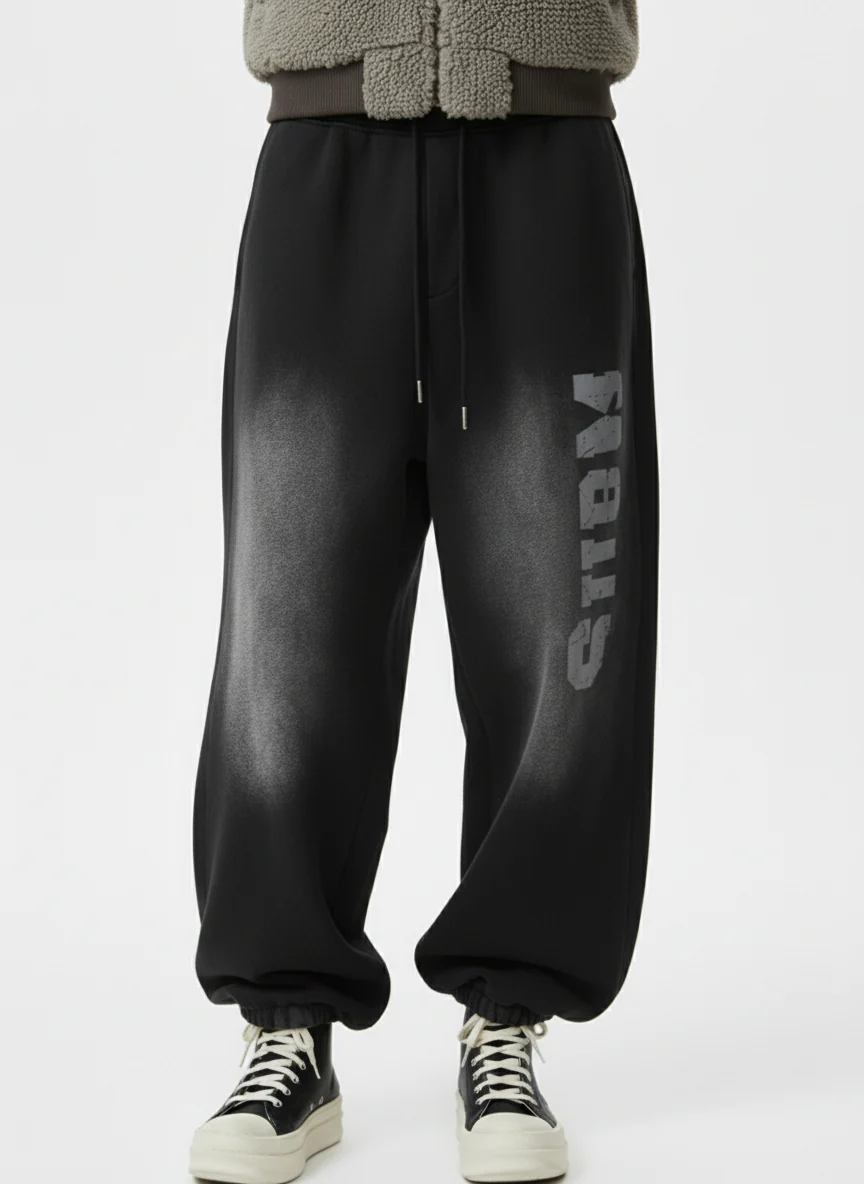 French Terry Distressed Gradient Drawstring Wide Leg Pants