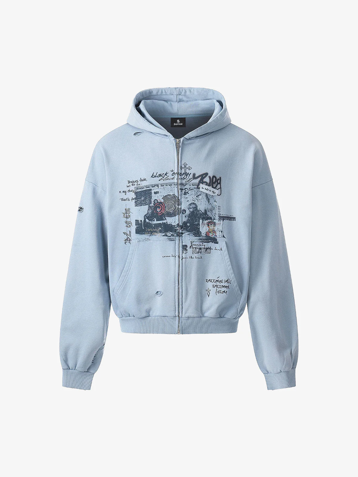 Distressed Graphic Print Zip Up Hoodie - Image 2