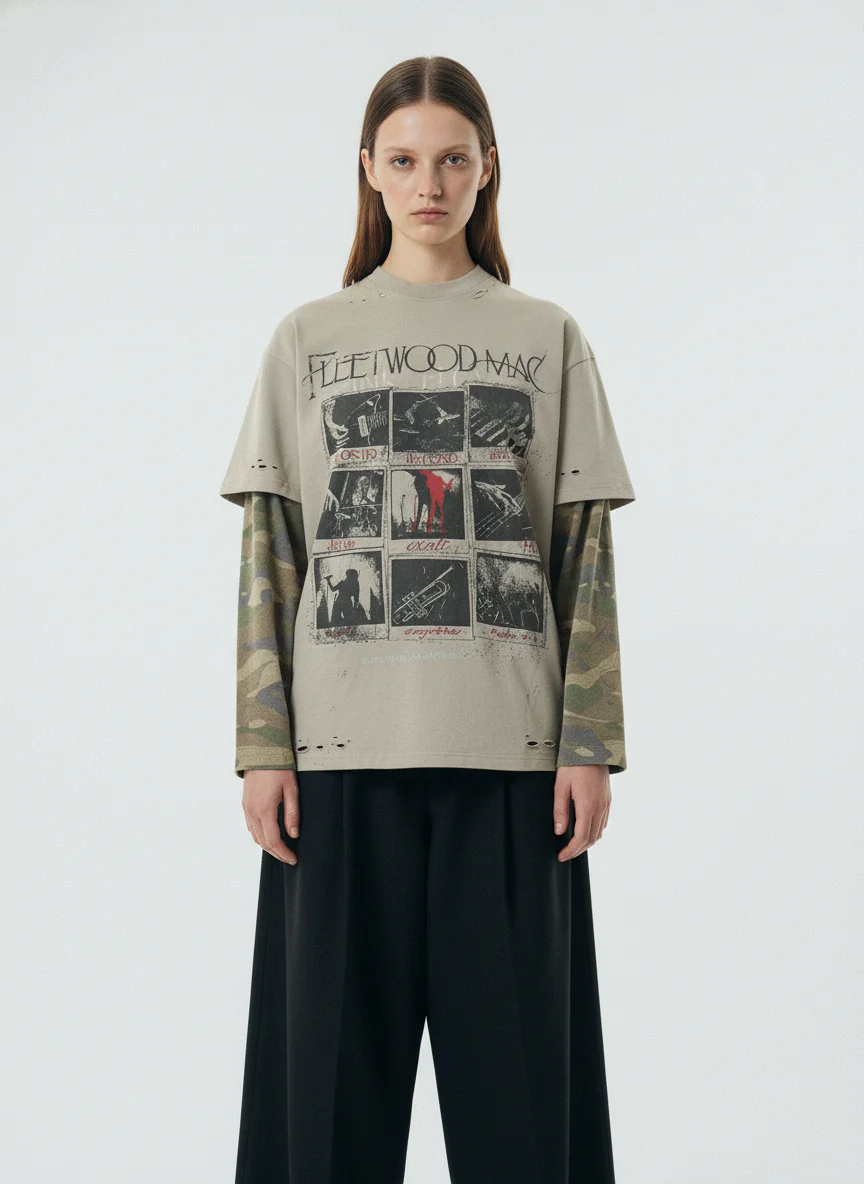 Jersey Distressed Camouflage Faux Two-Piece Graphic T-Shirt - 2420