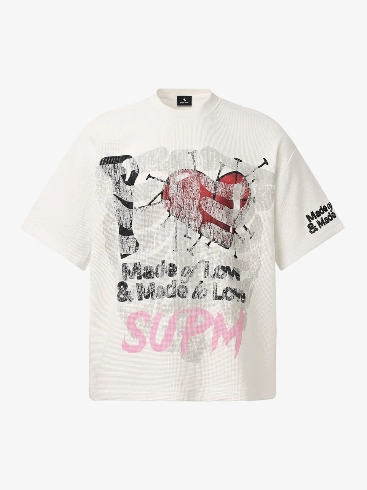 Distressed Heart Graphic Waffle Knit Short Sleeve T-Shirt - Image 2