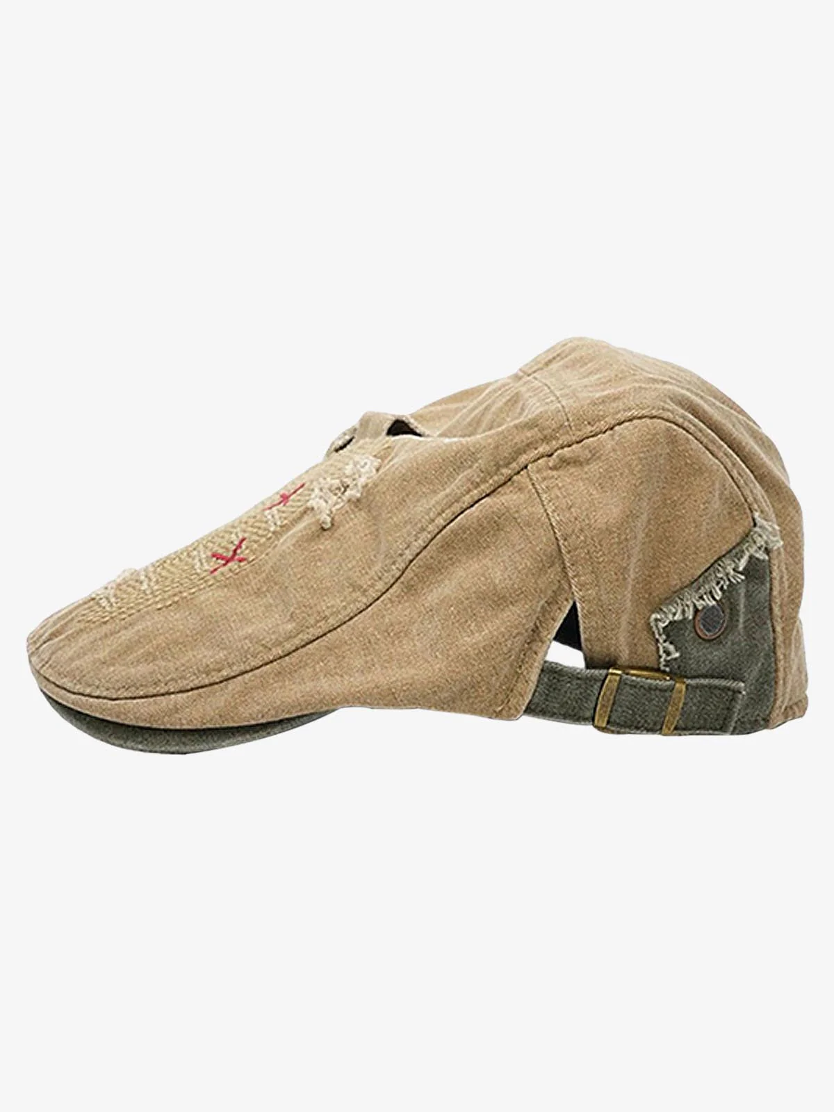 Distressed Patchwork Embroidered Cotton Flat Cap - Image 11