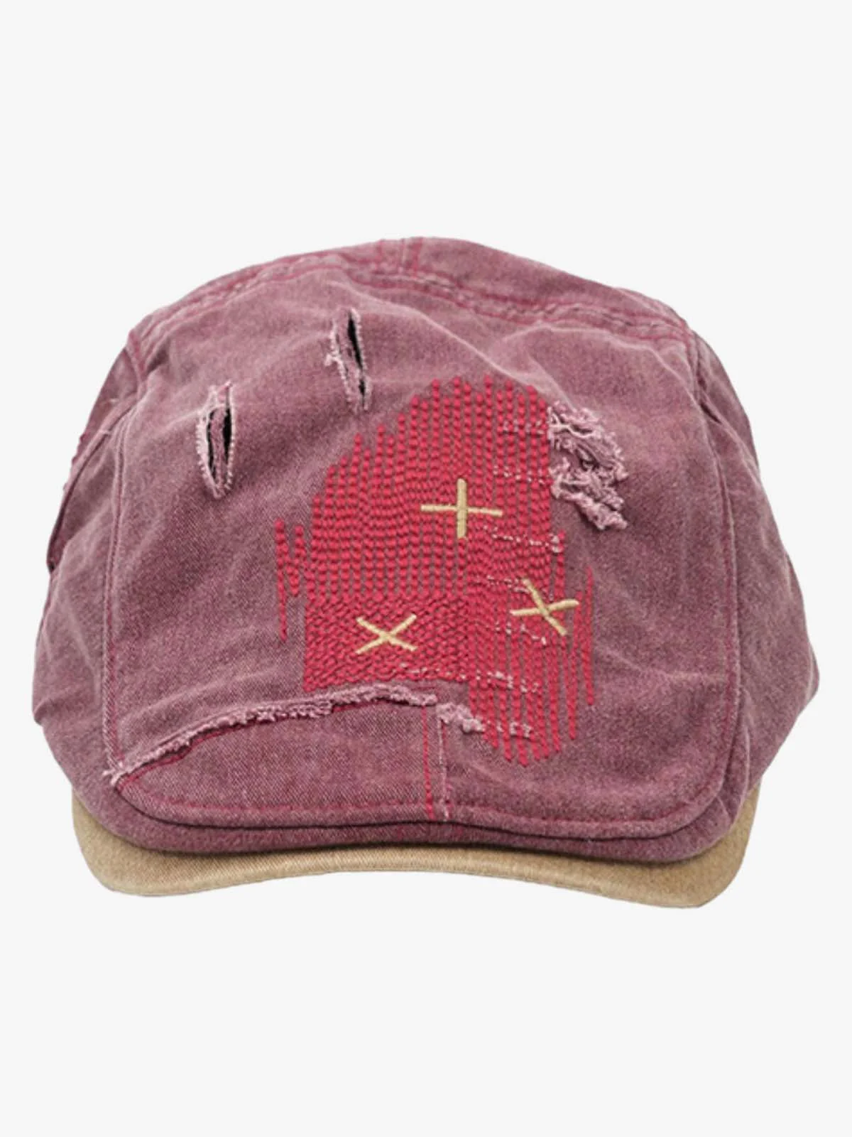 Distressed Patchwork Embroidered Cotton Flat Cap - Image 5