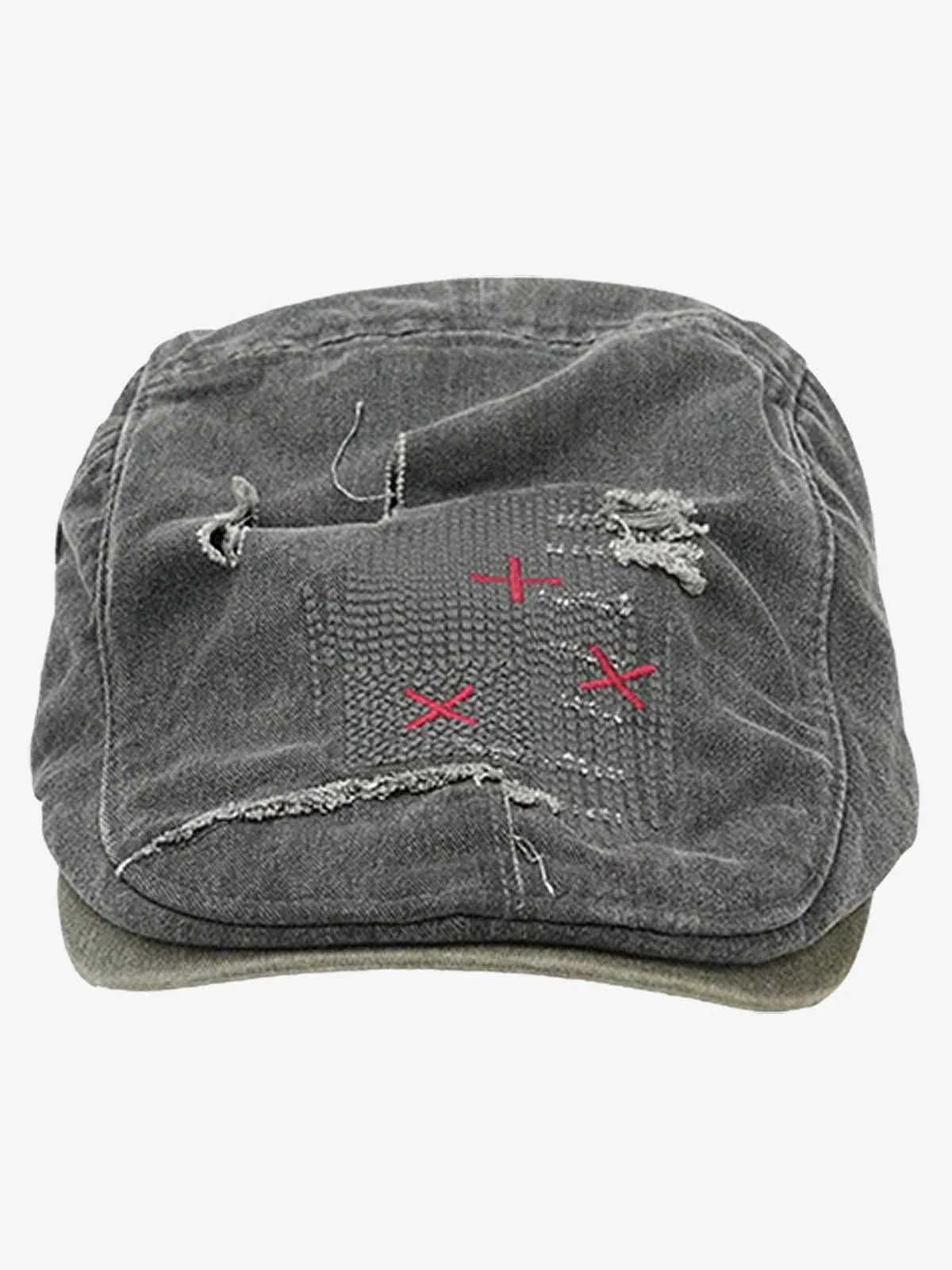 Distressed Patchwork Embroidered Cotton Flat Cap - Image 6