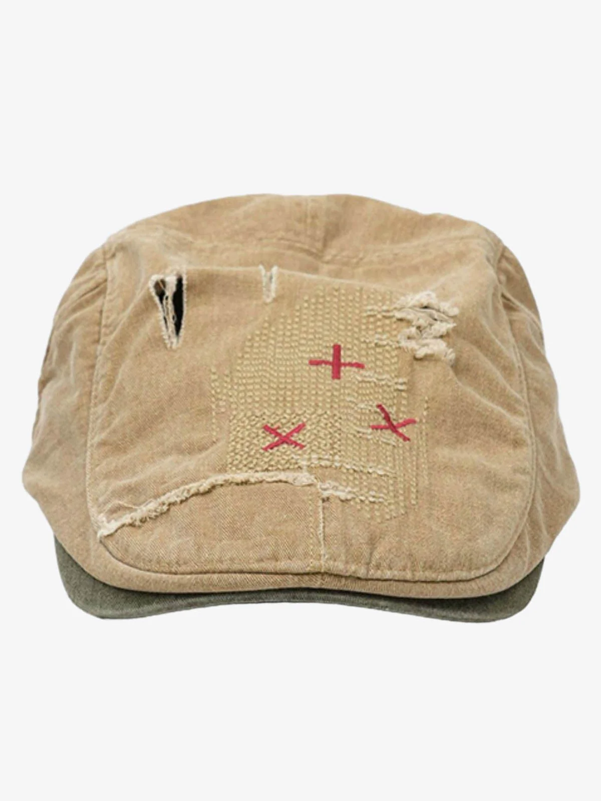 Distressed Patchwork Embroidered Cotton Flat Cap - Image 7