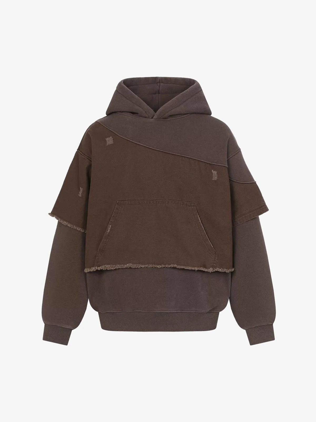 Distressed Patchwork Raw-Edge Layered-Hem Fleece Hoodie - Image 2
