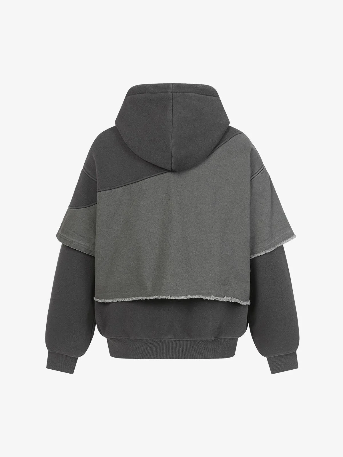 Distressed Patchwork Raw-Edge Layered-Hem Fleece Hoodie - Image 3