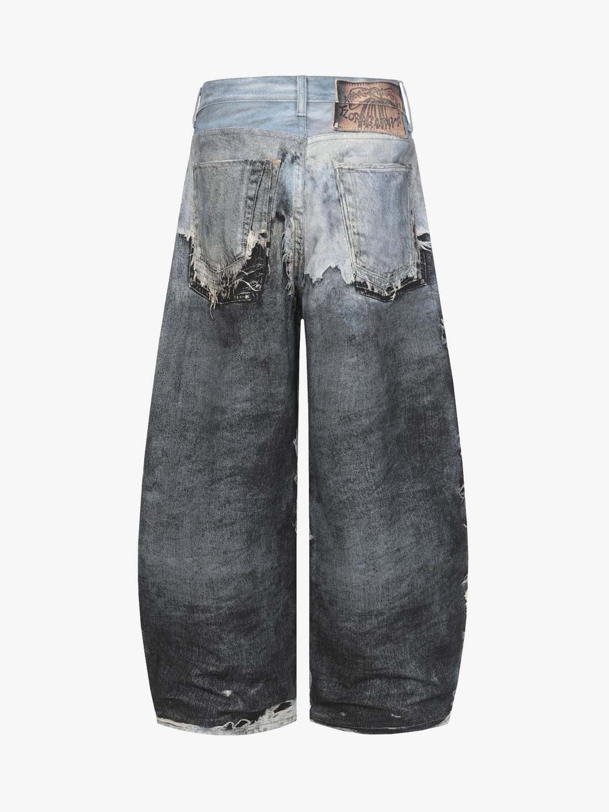Distressed Patchwork Wide Leg Washed Denim Jeans - Image 2