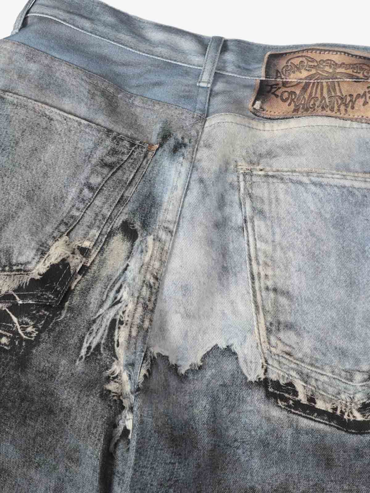 Distressed Patchwork Wide Leg Washed Denim Jeans - Image 6