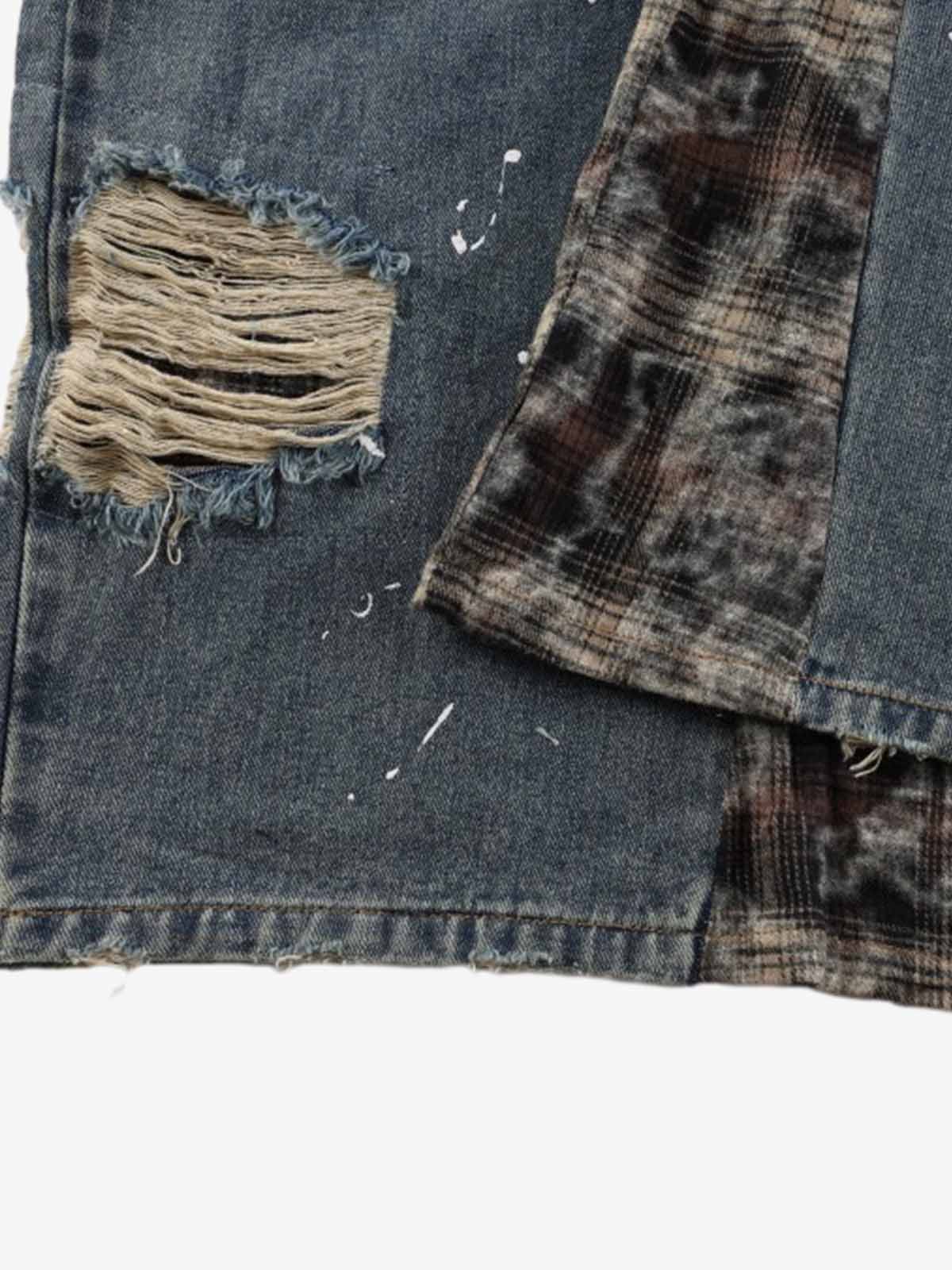 Distressed Plaid Layered Drawstring Wide Leg Jeans - Image 11