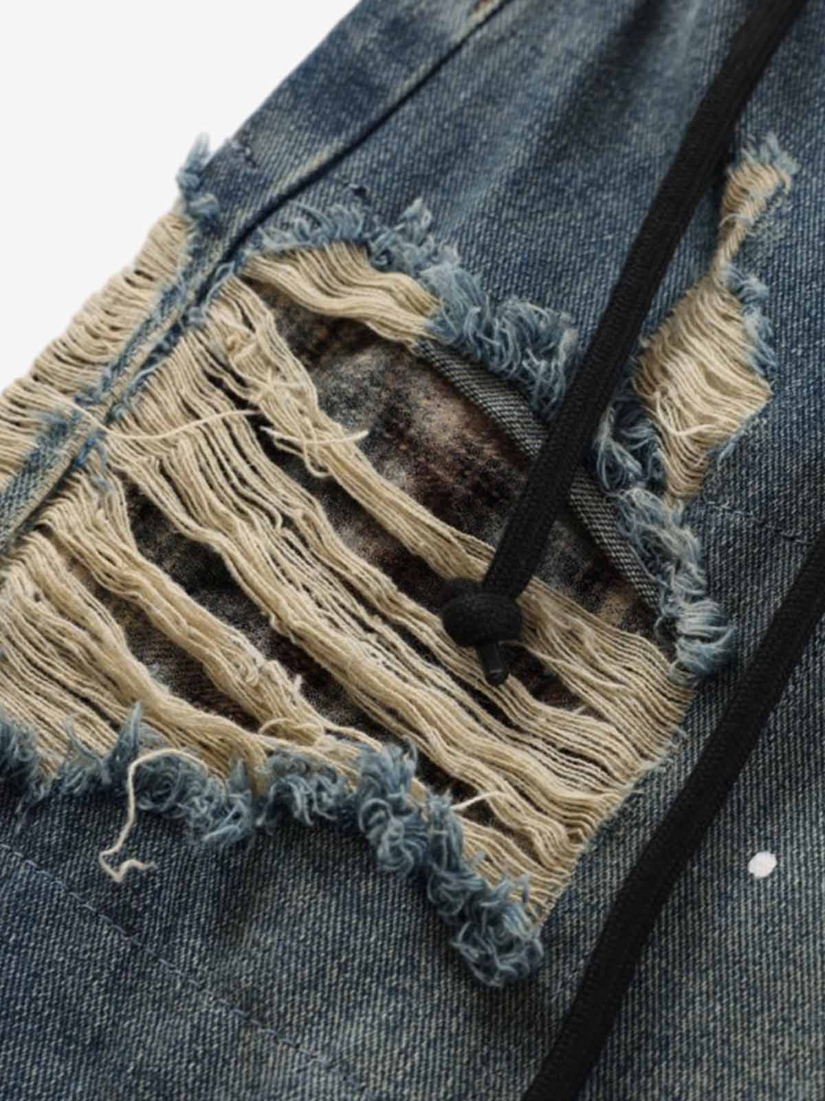 Distressed Plaid Layered Drawstring Wide Leg Jeans - Image 12
