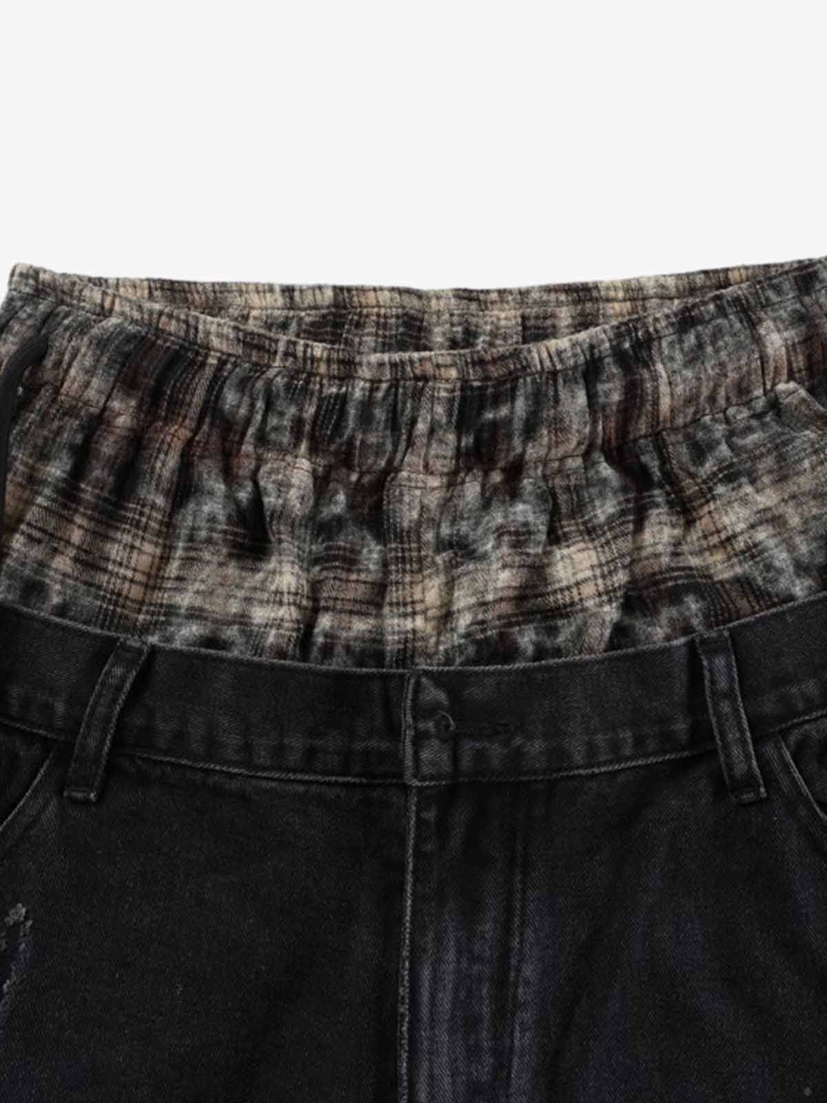Distressed Plaid Layered Drawstring Wide Leg Jeans - Image 14