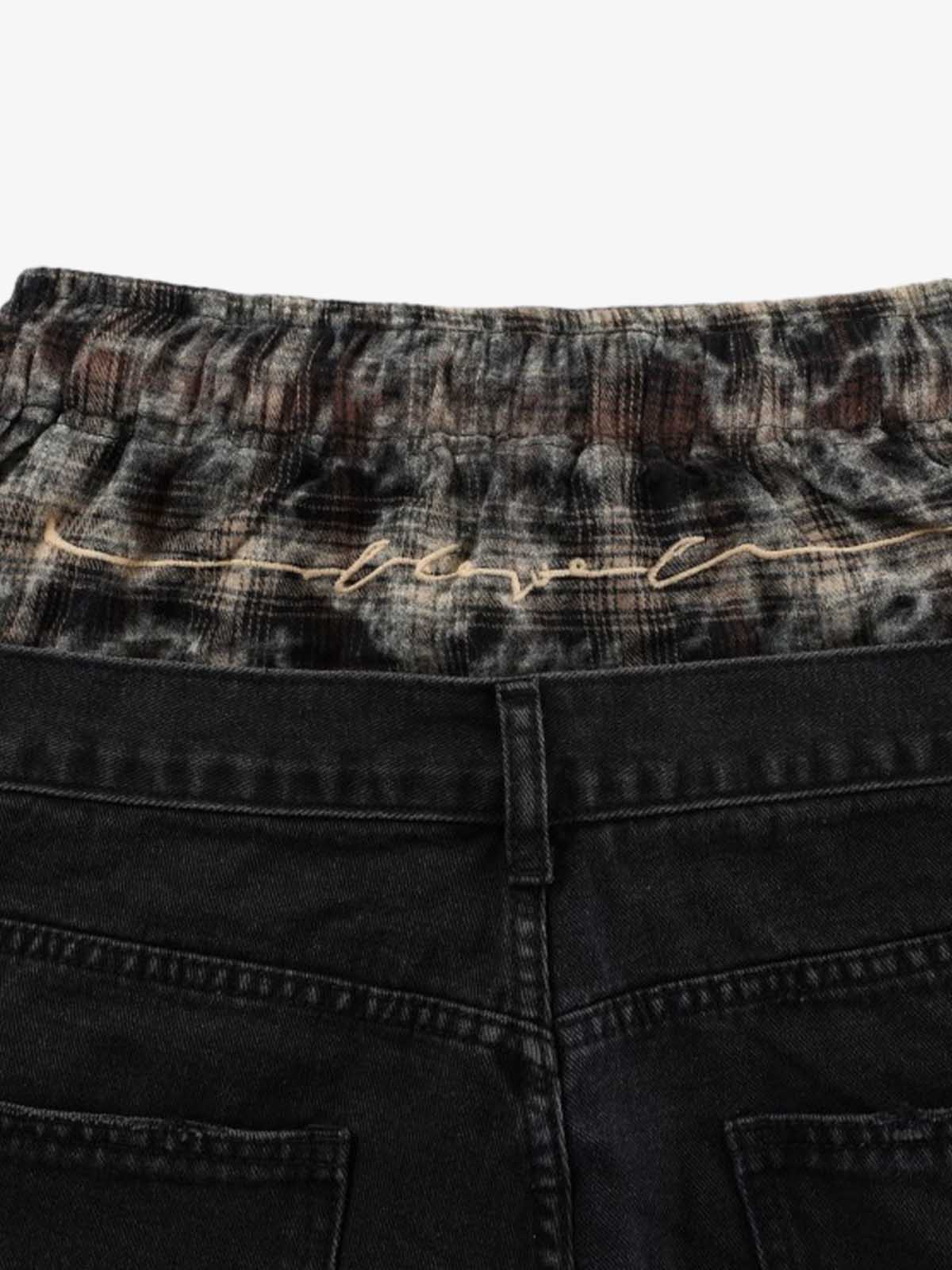 Distressed Plaid Layered Drawstring Wide Leg Jeans - Image 15