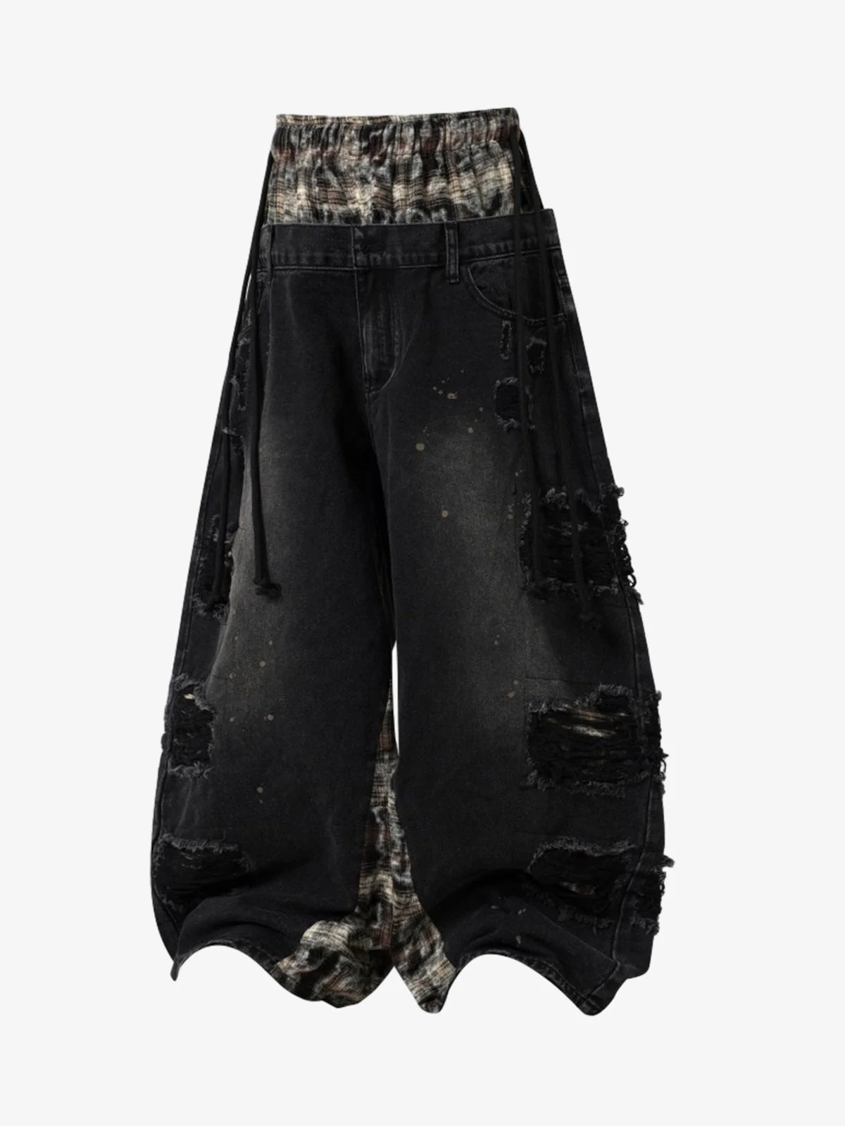 Distressed Plaid Layered Drawstring Wide Leg Jeans - Image 2